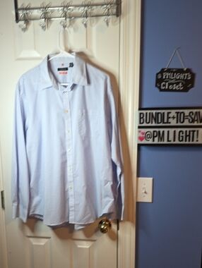 Van Heusen White Light Blue Micro-Check Shirt Large Traveler Long Sleeve